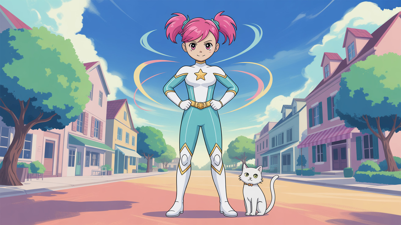 Anime City Street with Superhero Girl and Cat