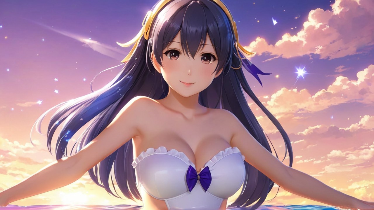 Young Woman in White Bikini at Sunset by Water
