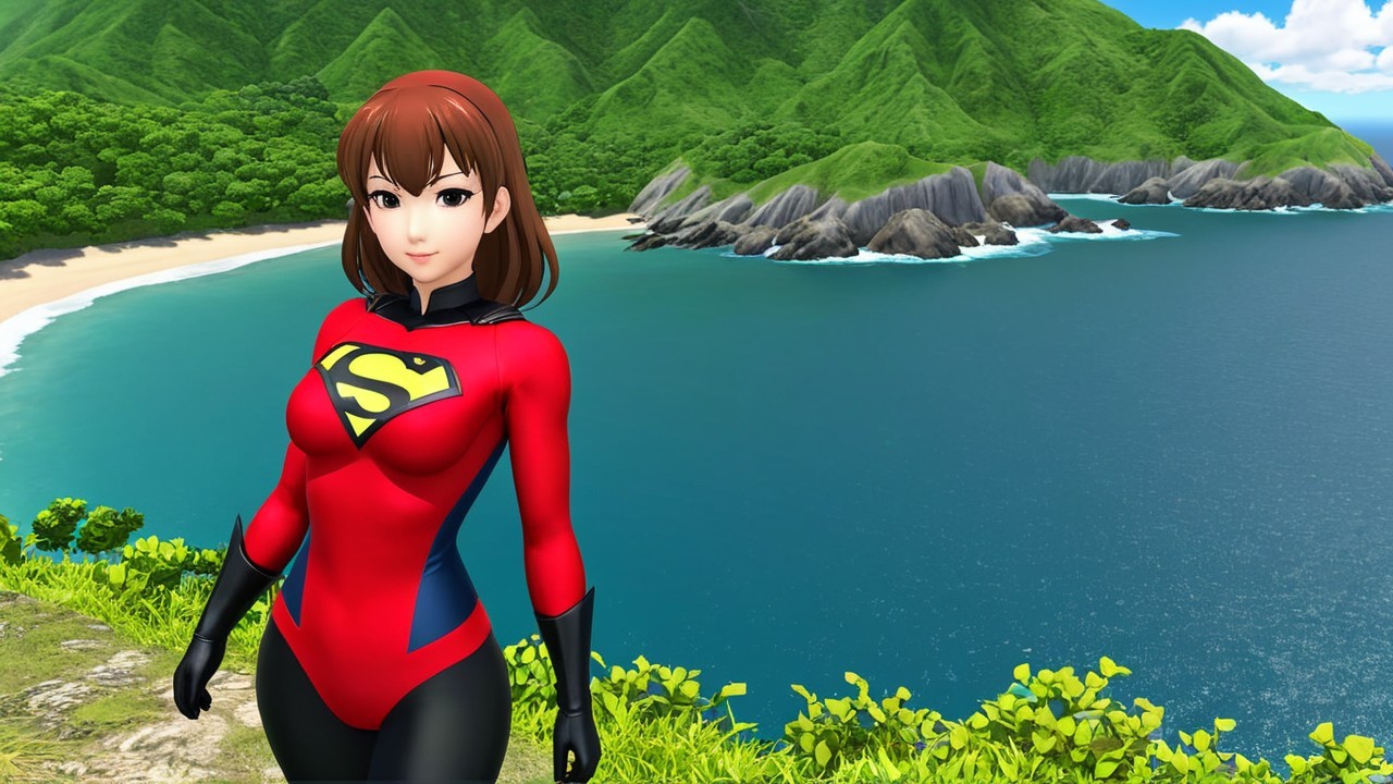 Animated superhero character on a cliff by the beach