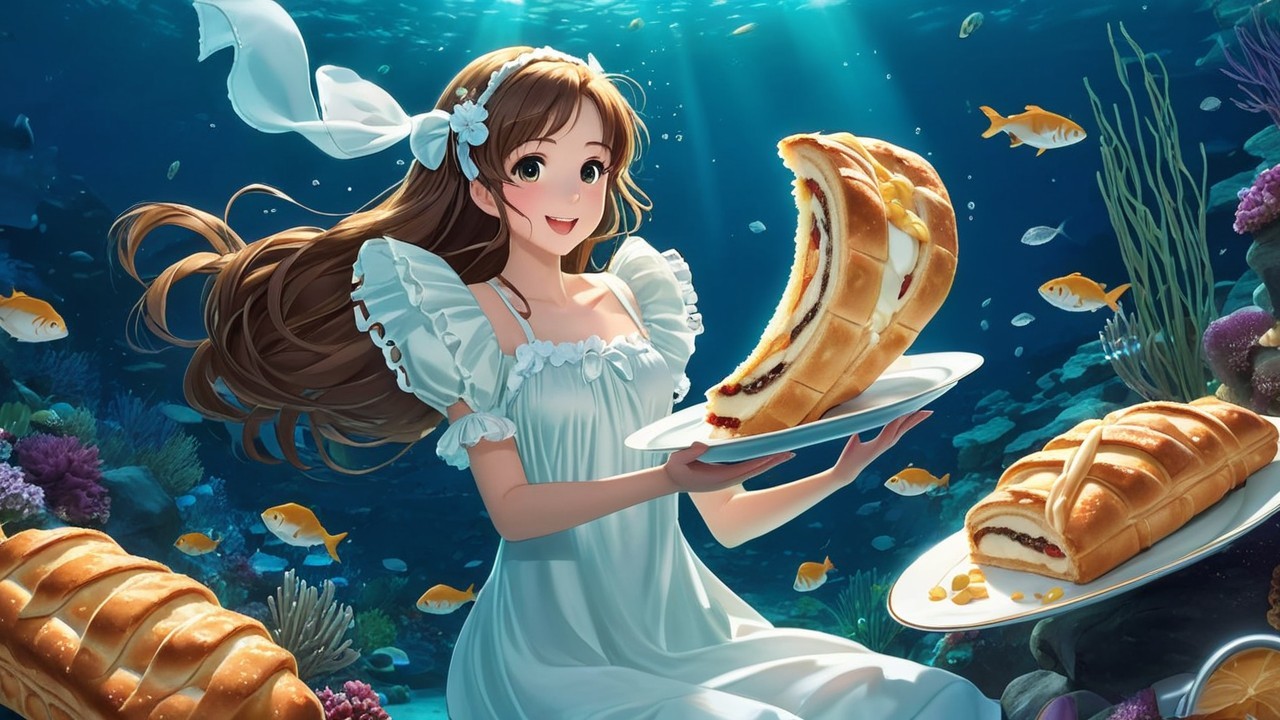 Underwater Scene with Girl and Spiral Pastry
