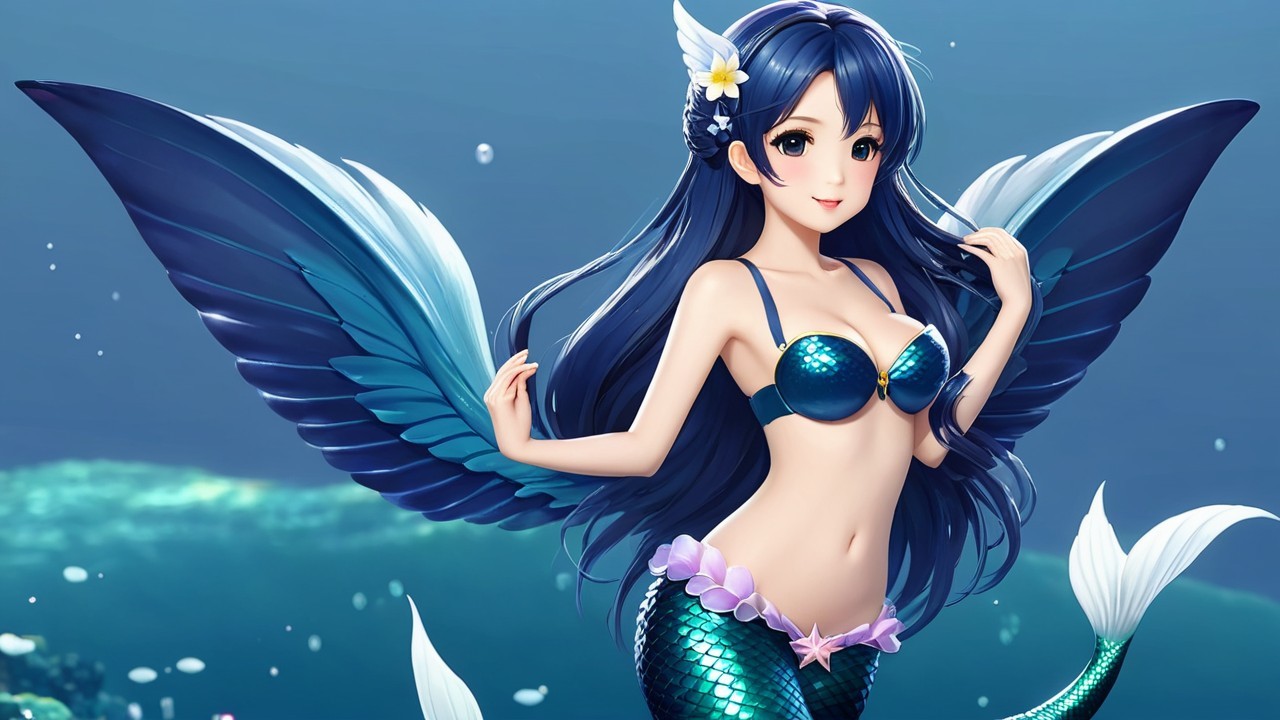Mermaid with Dark Hair and Blue-Green Scales in Water