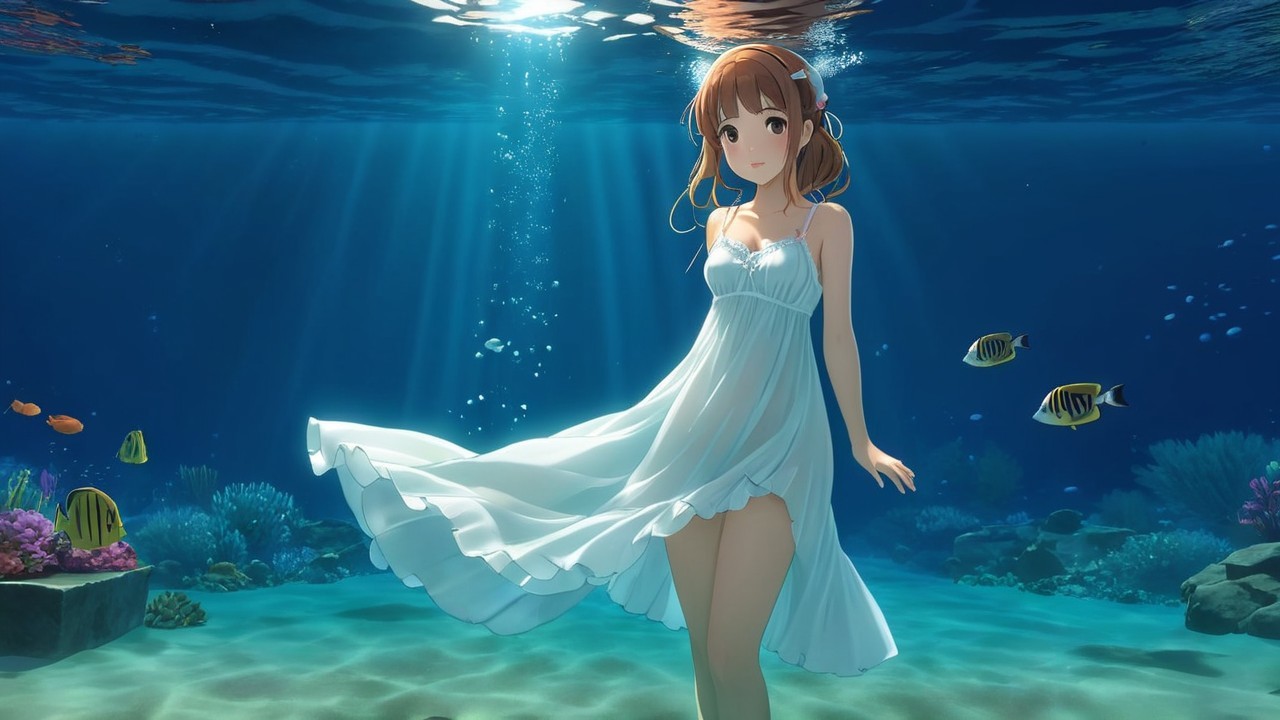 Underwater Scene of a Girl in a White Dress