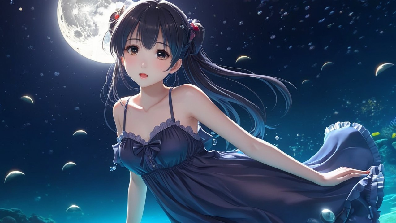 Young Woman in Dark Blue Dress Under Full Moon
