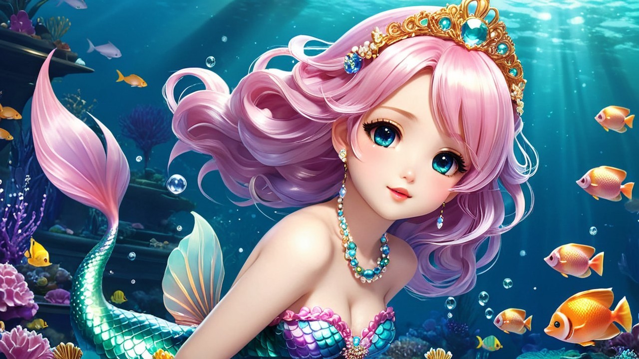 Vibrant Underwater Scene with Whimsical Mermaid