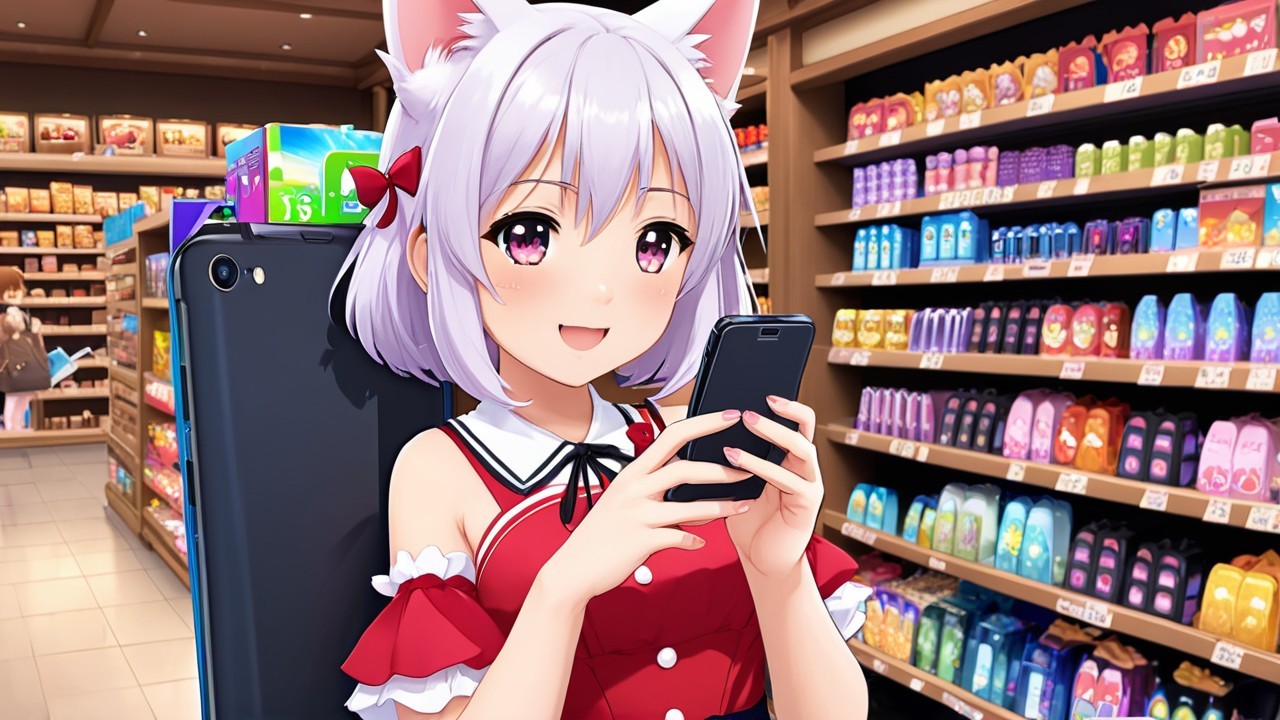 Cheerful anime girl in red dress at vibrant store
