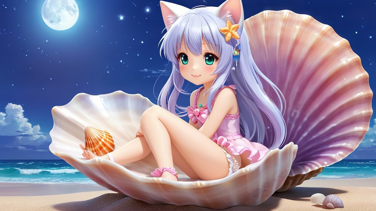Anime girl with cat ears in seashell on beach