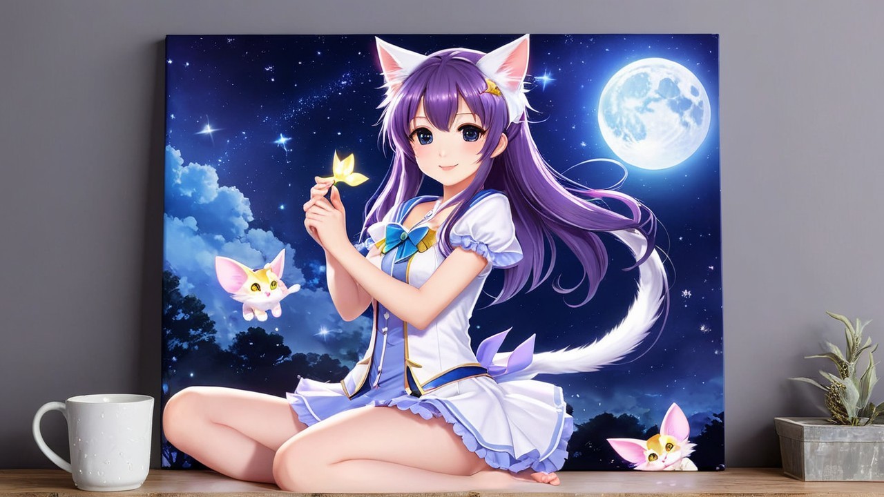 Whimsical Anime Character with Cat Ears at Night