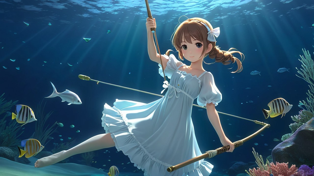 Young girl in white dress swimming underwater with rod