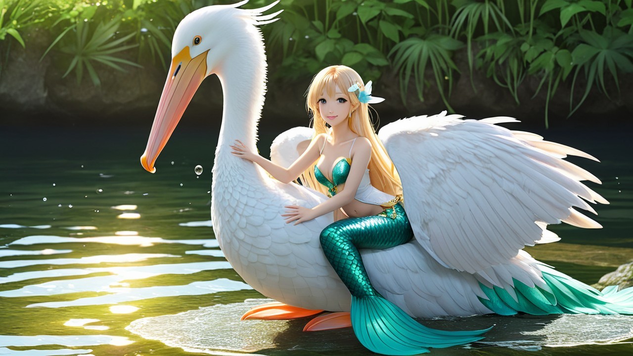 Mermaid on Swan in Enchanted Water Scene