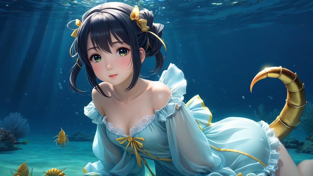 Young woman with pigtails and scorpion tail underwater