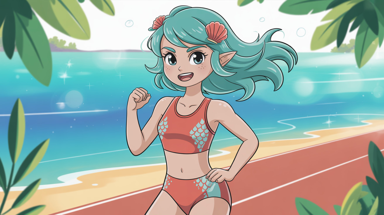 Cute Mermaid Girl Running on a Track in Anime Style