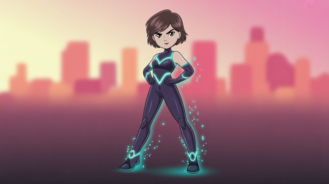 Angry Teenage Girl in Superhero Costume with Skyline