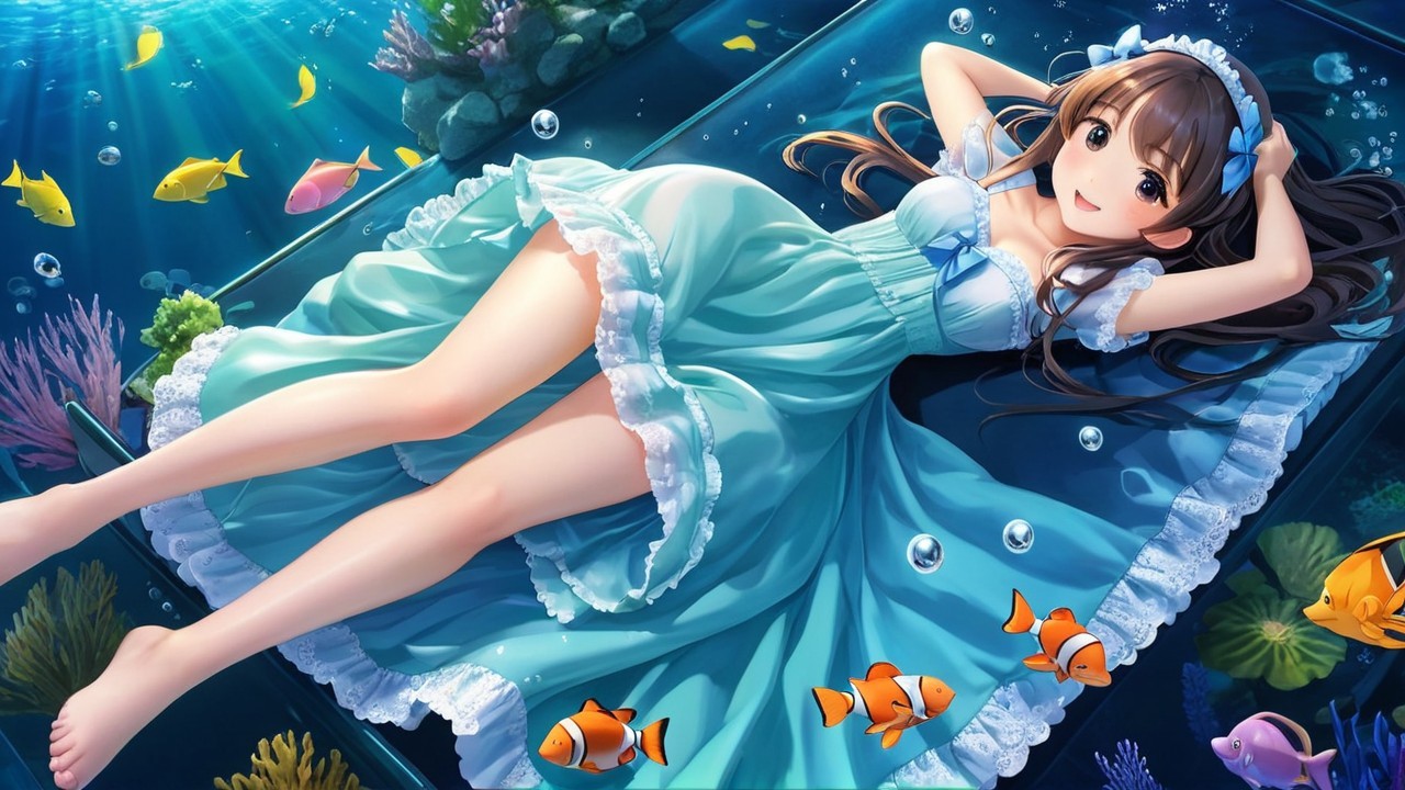 Underwater Scene with a Woman in Light Blue Dress