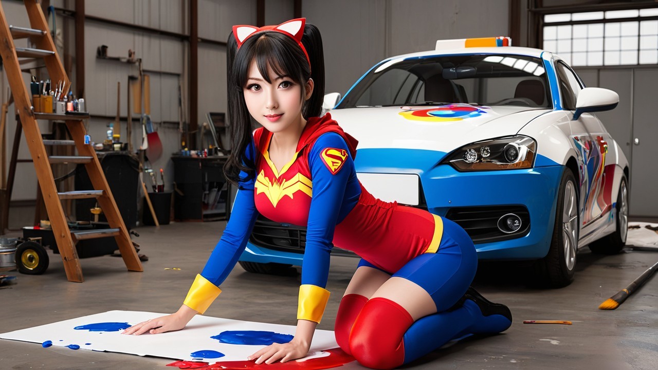 Young woman in superhero costume painting in garage