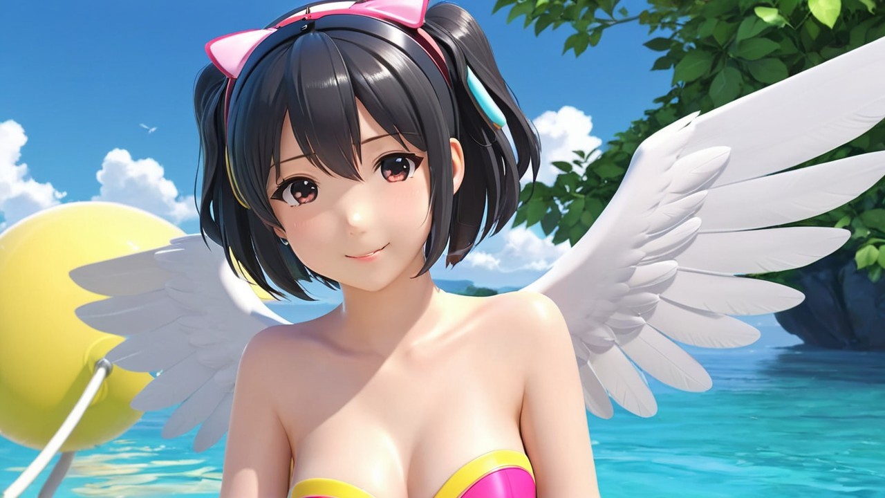 Animated girl with angel wings at a vibrant beach