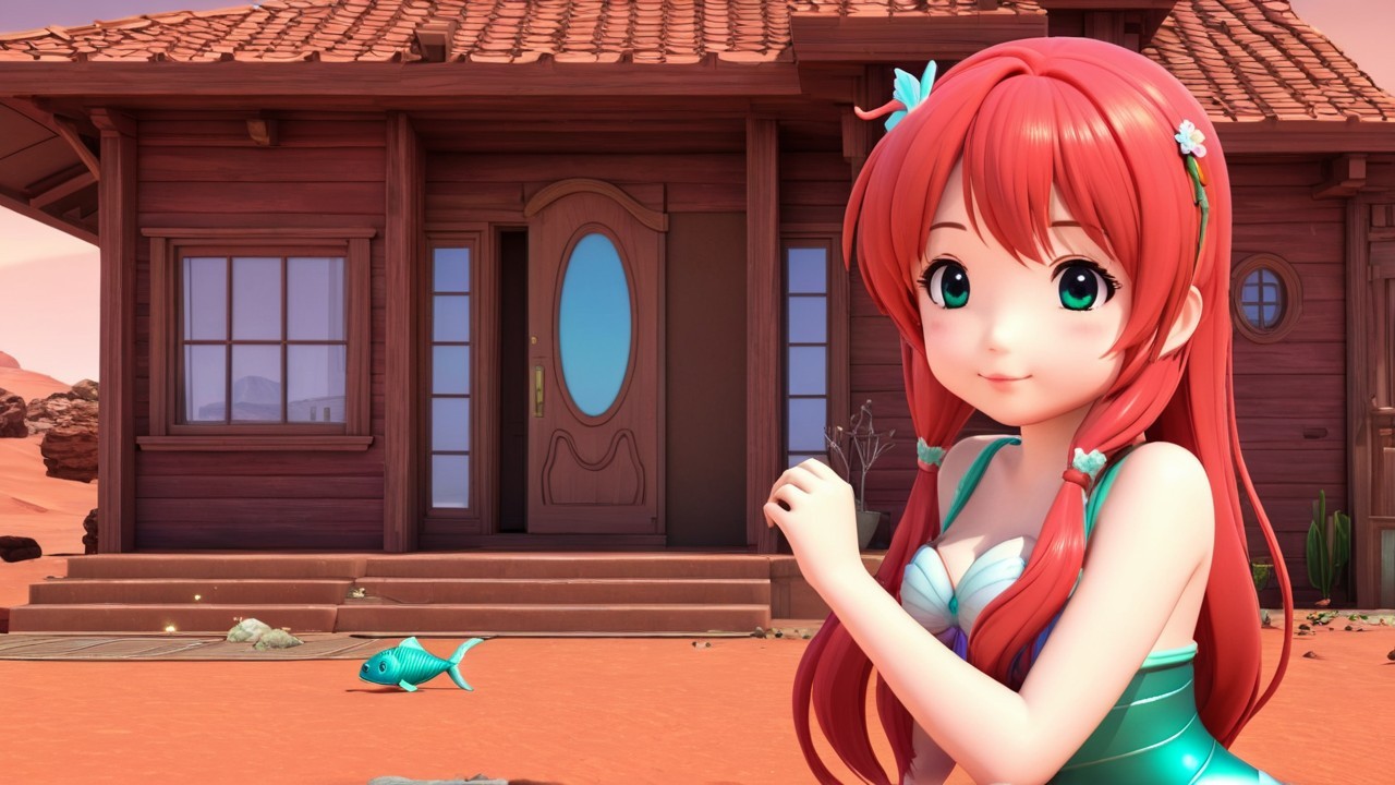 Cheerful Animated Girl in Desert Landscape Scene