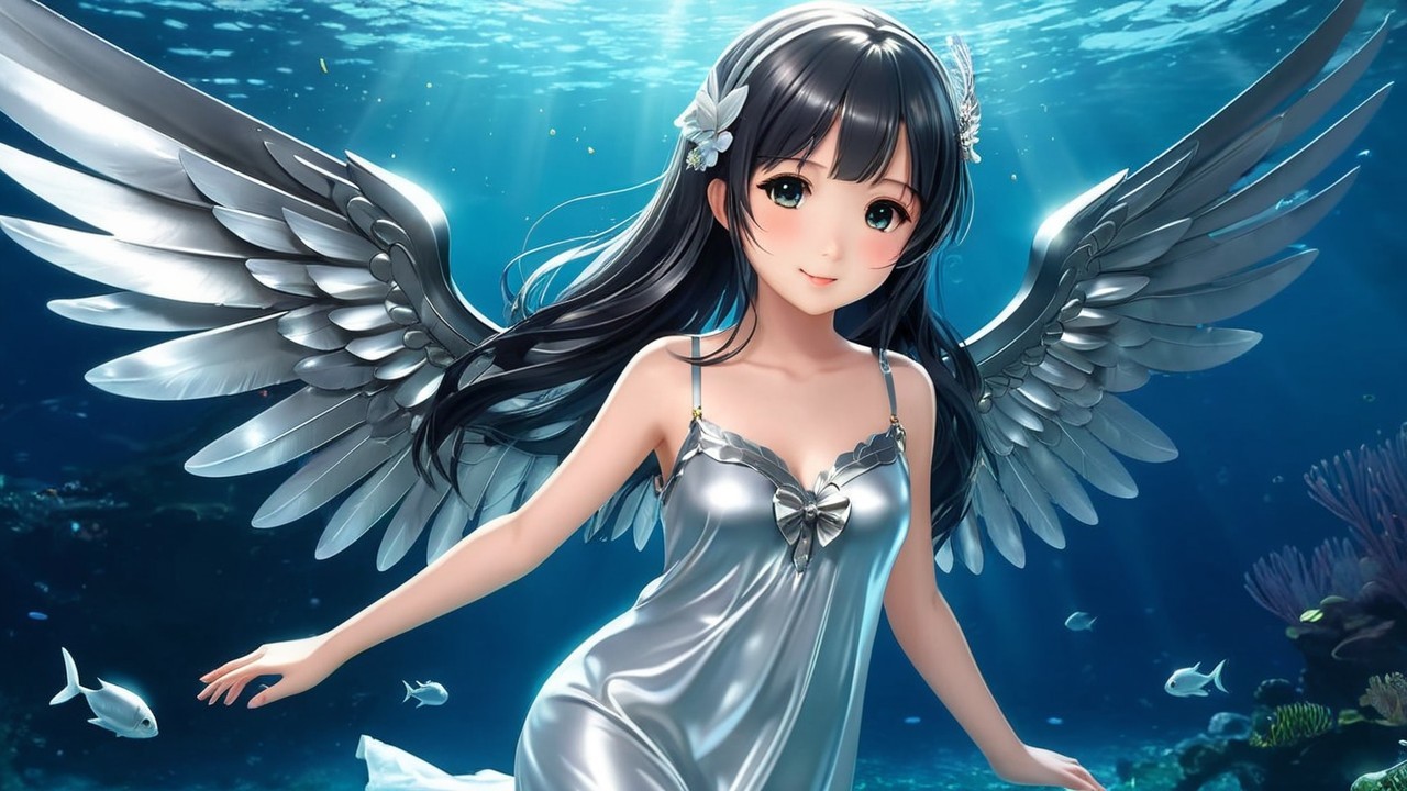 Underwater Scene with Angelic Figure and Silver Wings