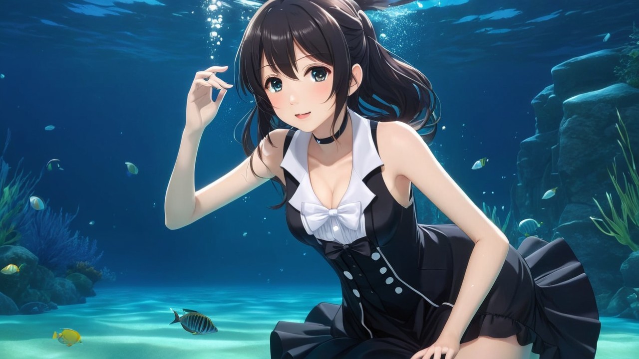 Underwater Scene with Girl in Black Dress and Coral