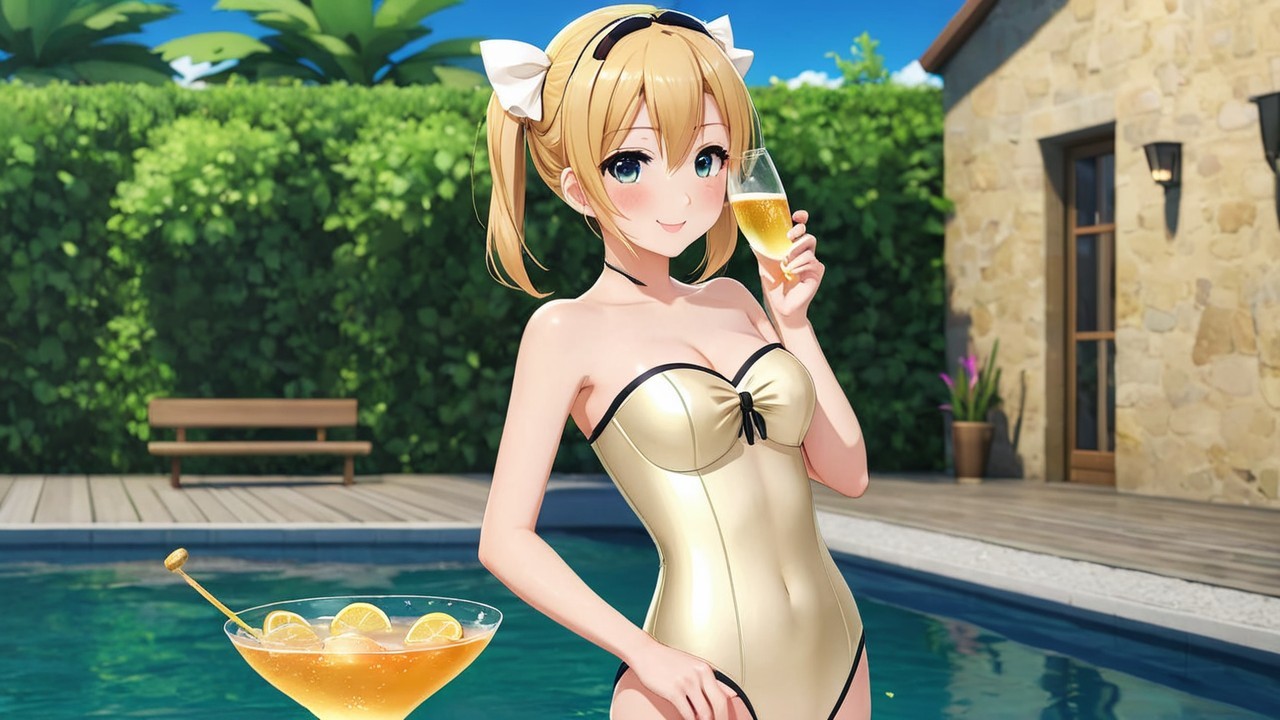 Cheerful Character by Sparkling Pool in Gold Swimsuit