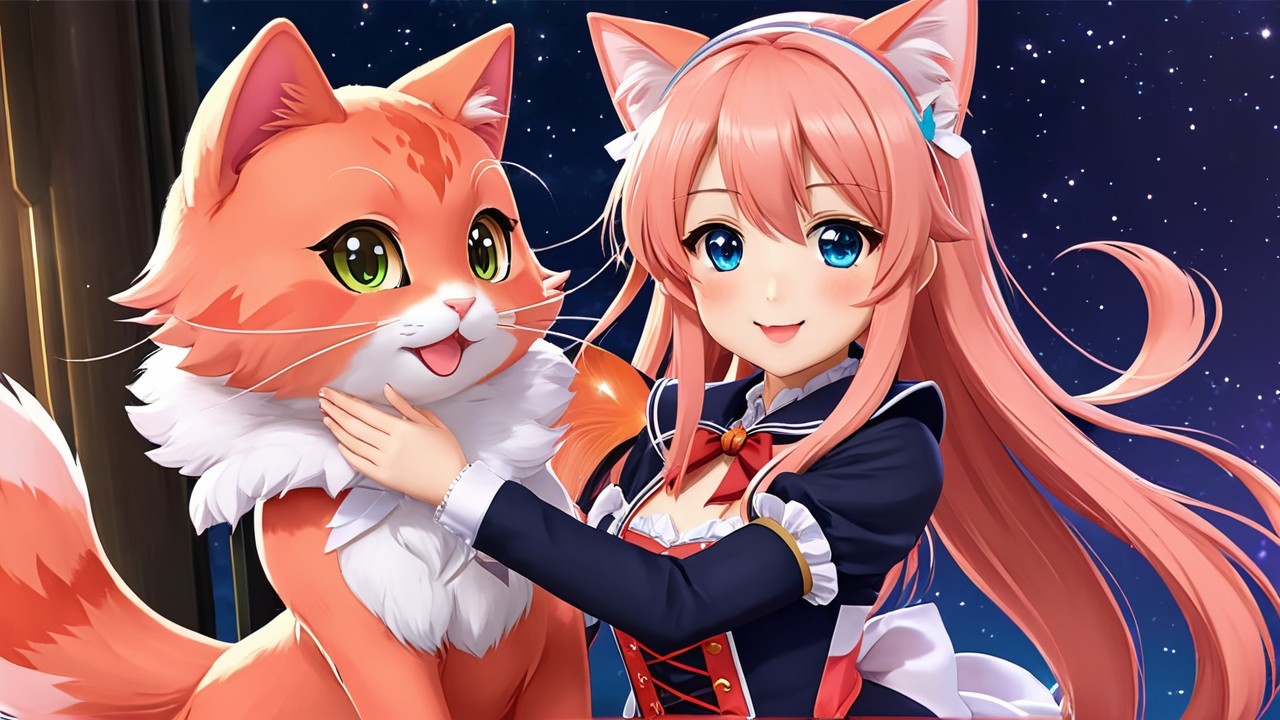 Cheerful anime girl with cat ears and orange cat