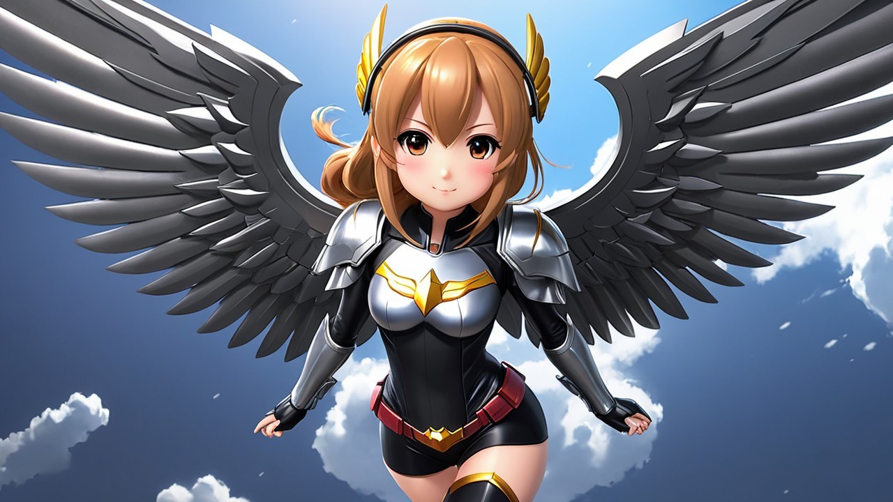 Dynamic Anime Character with Feathered Wings and Armor