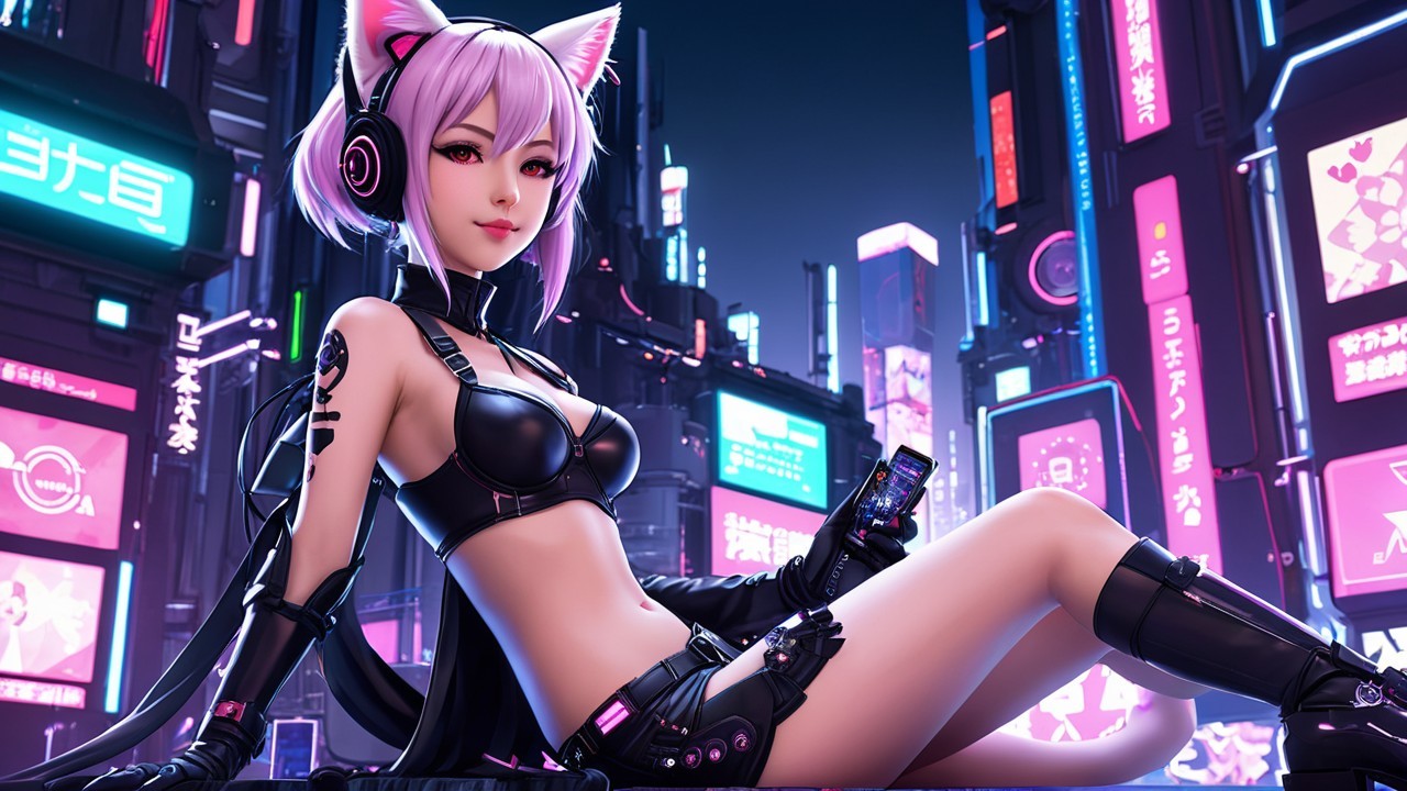 Futuristic Cyberpunk Scene with Pink-Haired Character