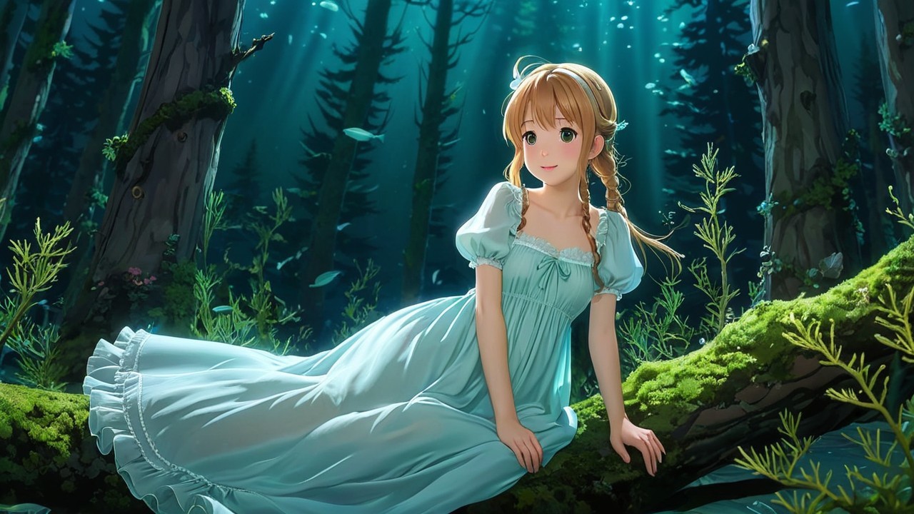 Young girl in blue dress in serene underwater scene