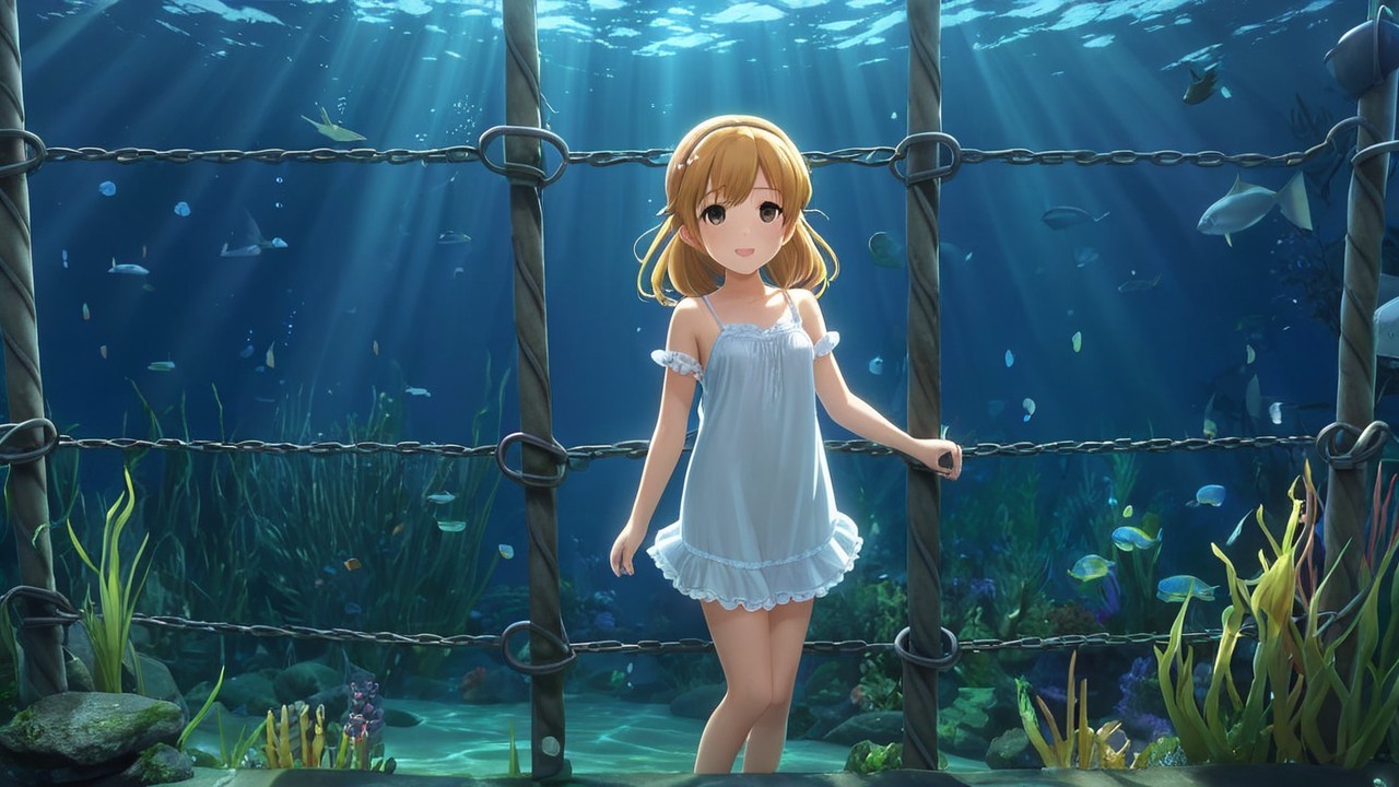 Underwater Scene with Young Girl and Aquatic Life