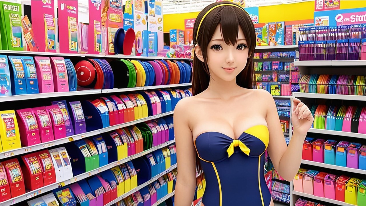 Young woman in colorful stationery store aisle