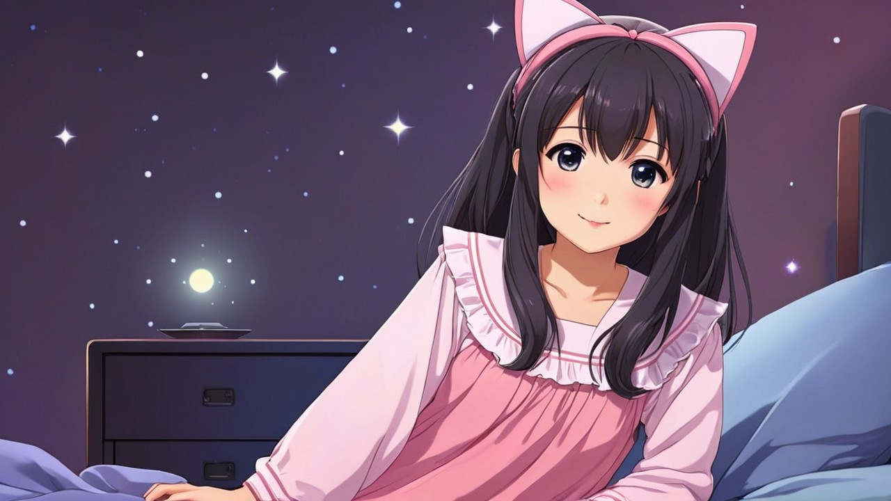 Cheerful anime girl in cozy bedroom with moonlight