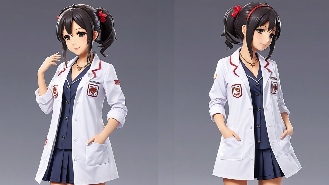 Female Character in White Lab Coat and Navy Shirt