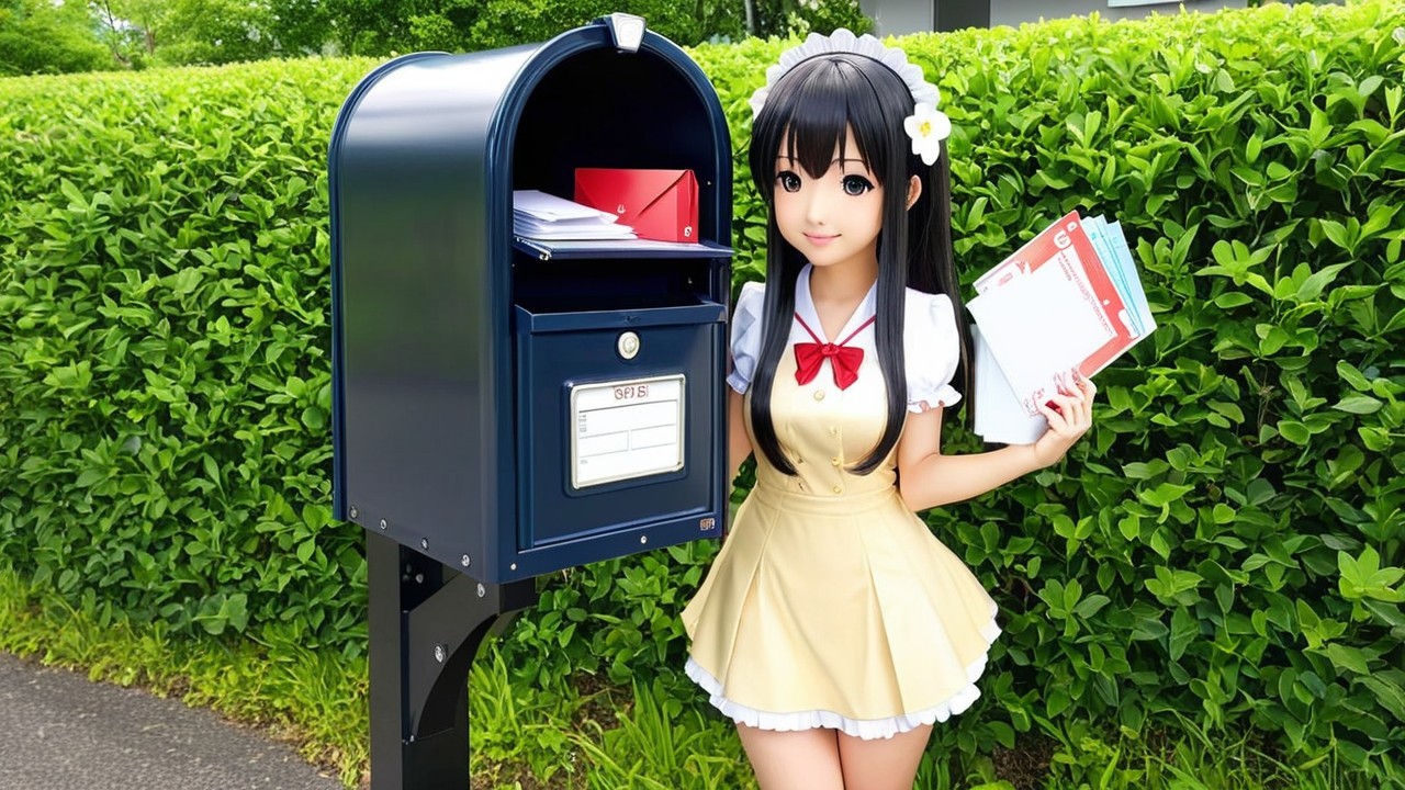 Young woman in maid outfit by blue mailbox with letters