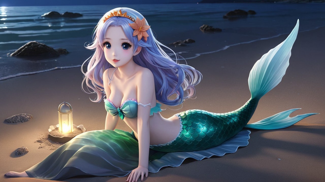 Mermaid with Lavender Hair on a Dusk Beach