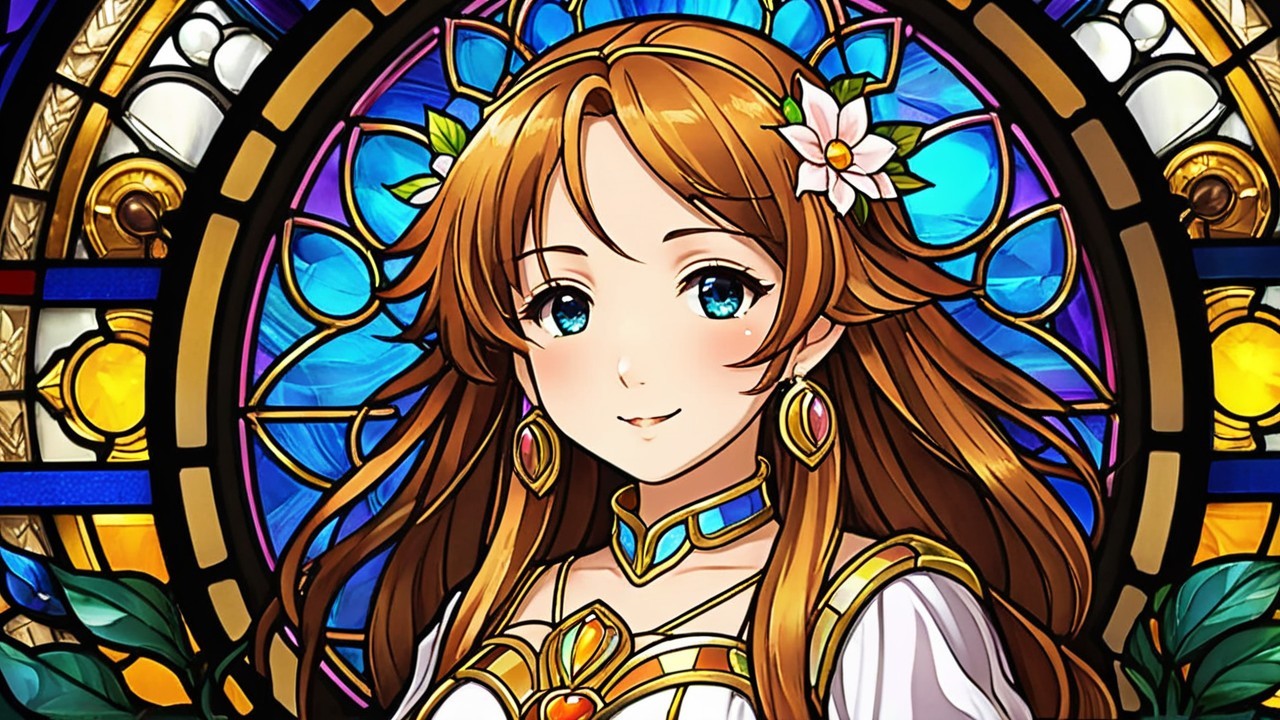 Stained Glass Character with Flowers and Elegant Dress