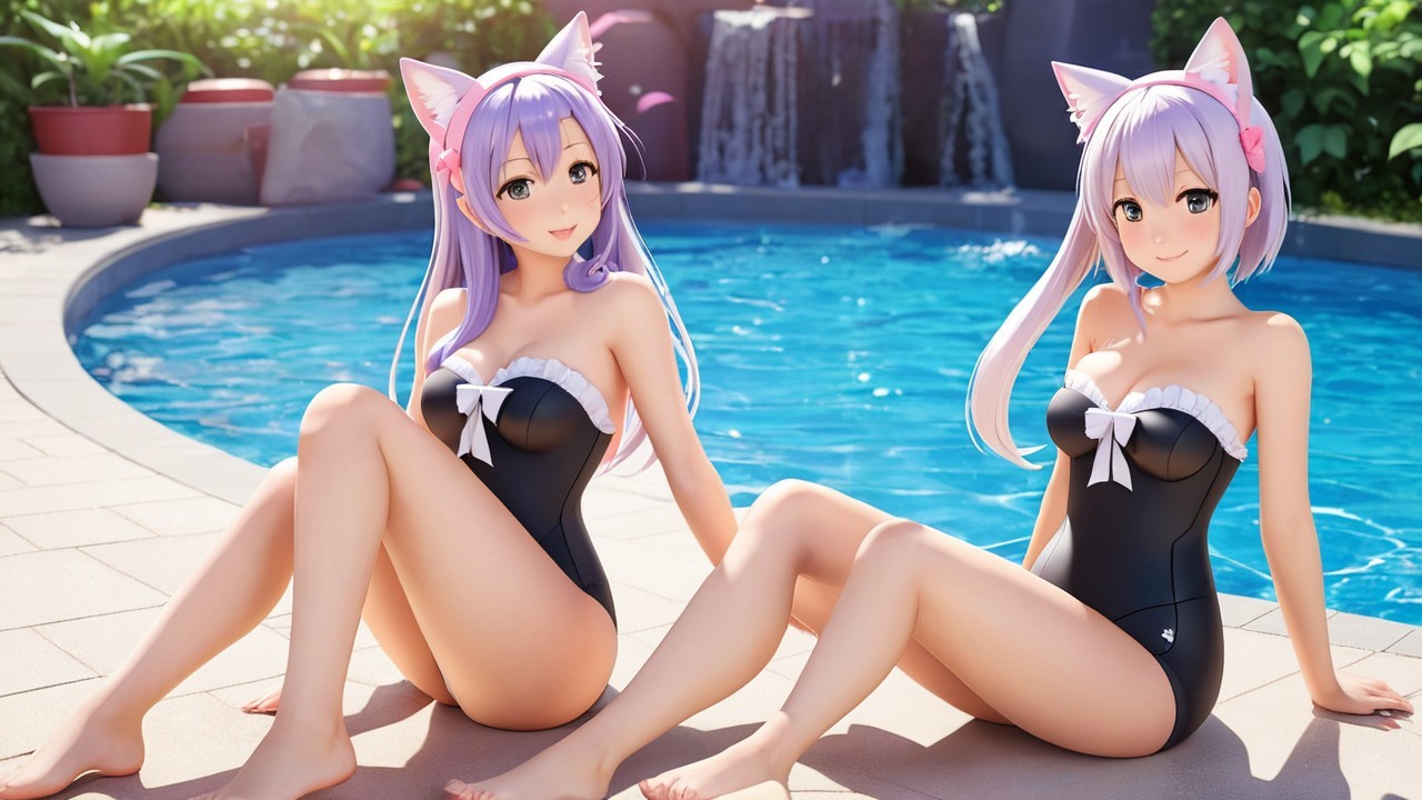 Animated Characters by Blue Pool in Stylish Swimsuits