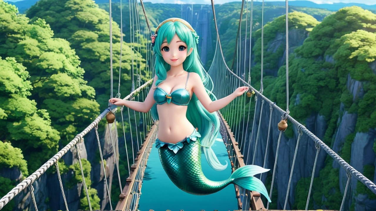 Anime-Inspired Mermaid on a Suspension Bridge Scene