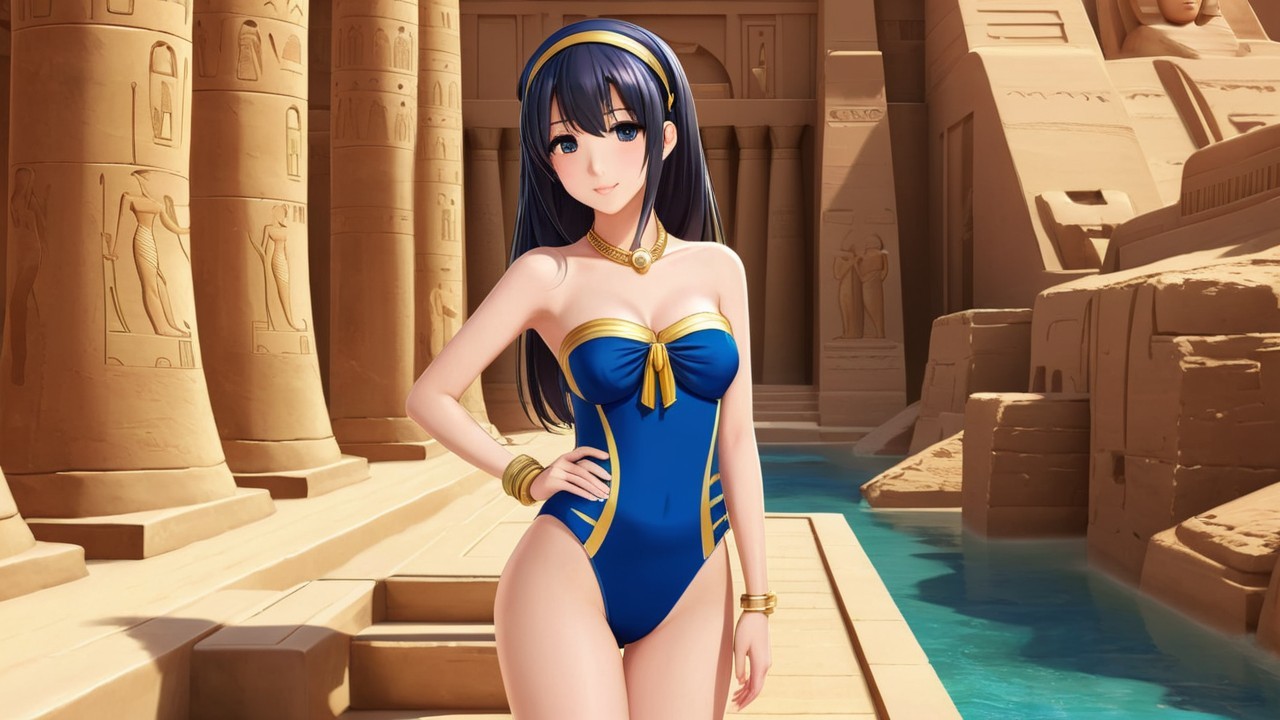 Stylish Woman in Blue and Gold Swimsuit by Egypt's Architecture
