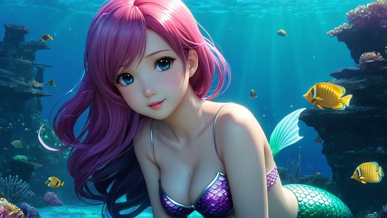 Mermaid with Pink Hair in Vibrant Underwater Scene