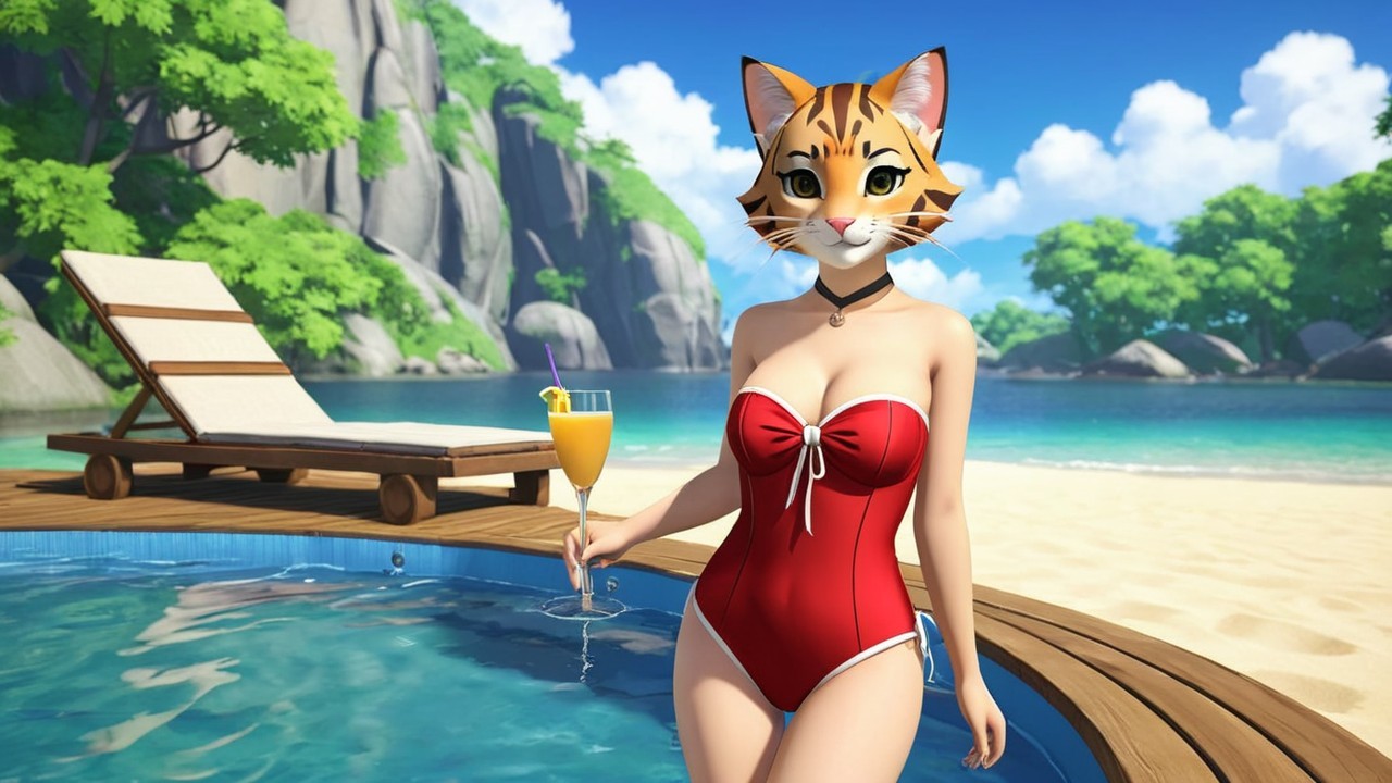 Whimsical Poolside Scene with Tiger Mask and Drink
