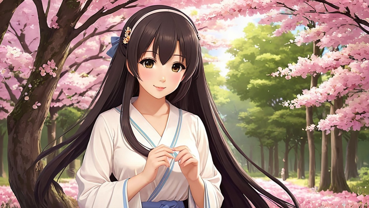 Serene anime scene with a woman among cherry blossoms