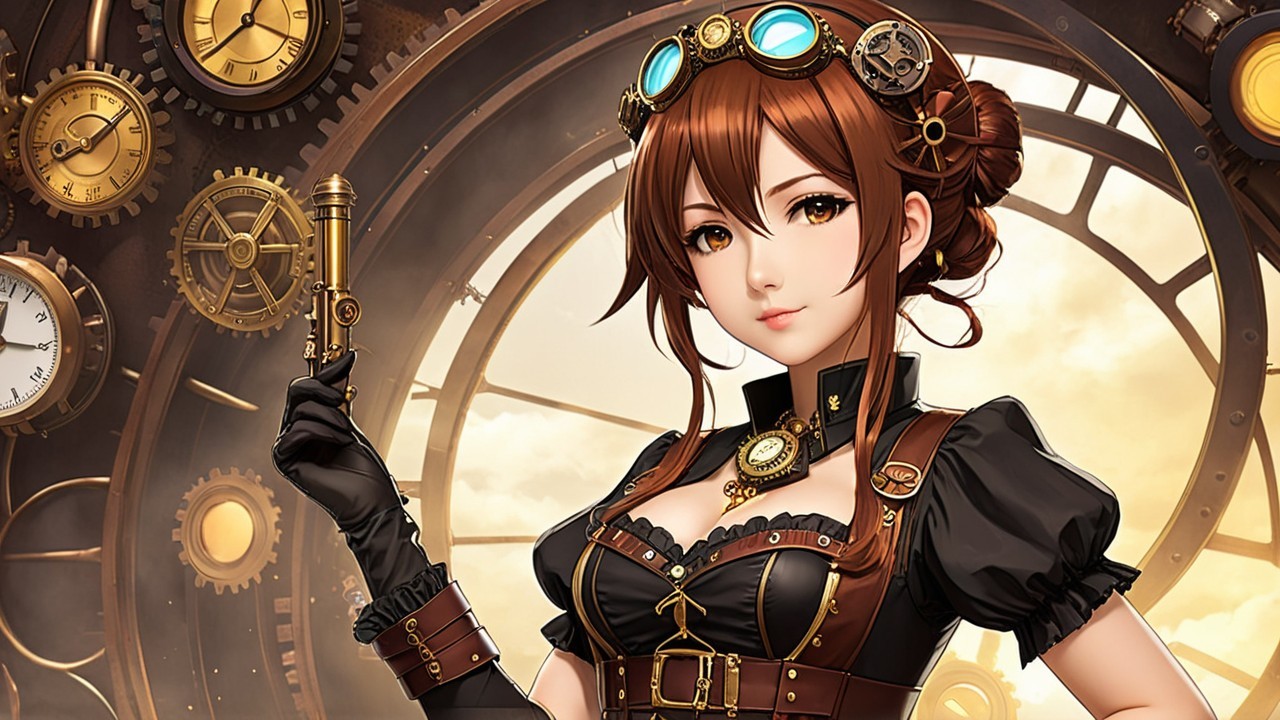 Confident Female Character in Steampunk Setting