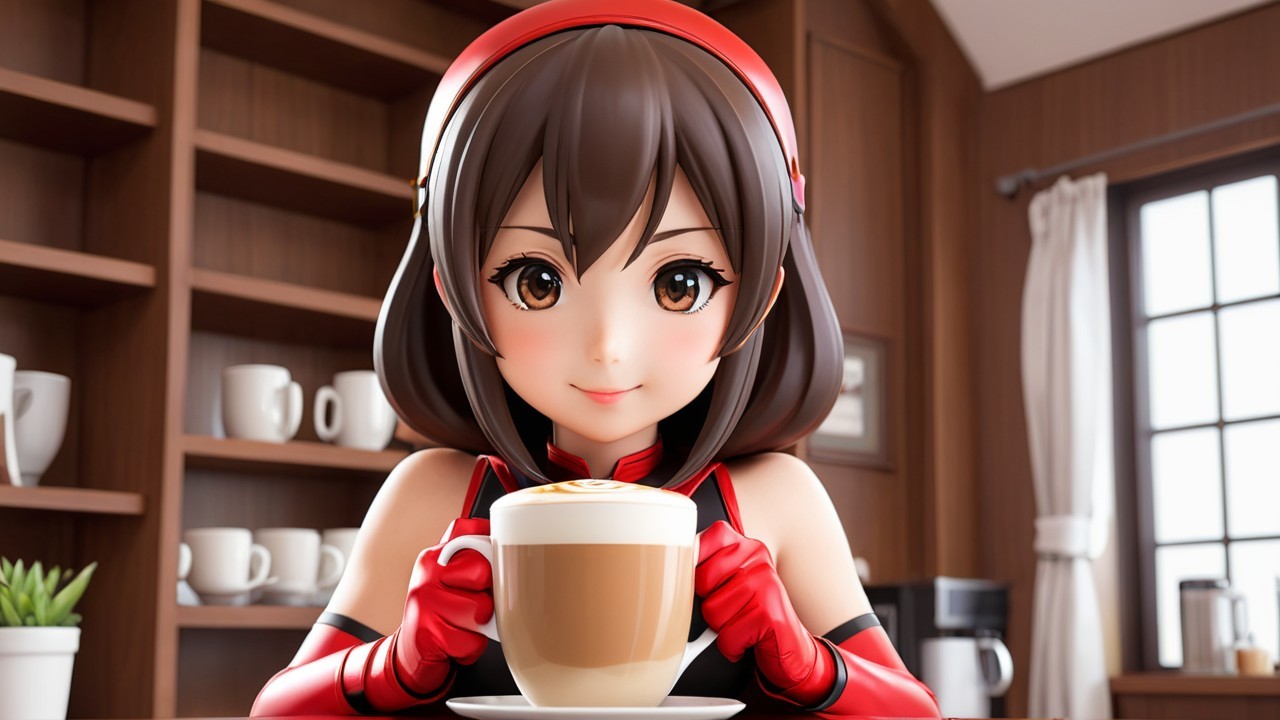Cheerful anime character enjoying latte in cozy cafe