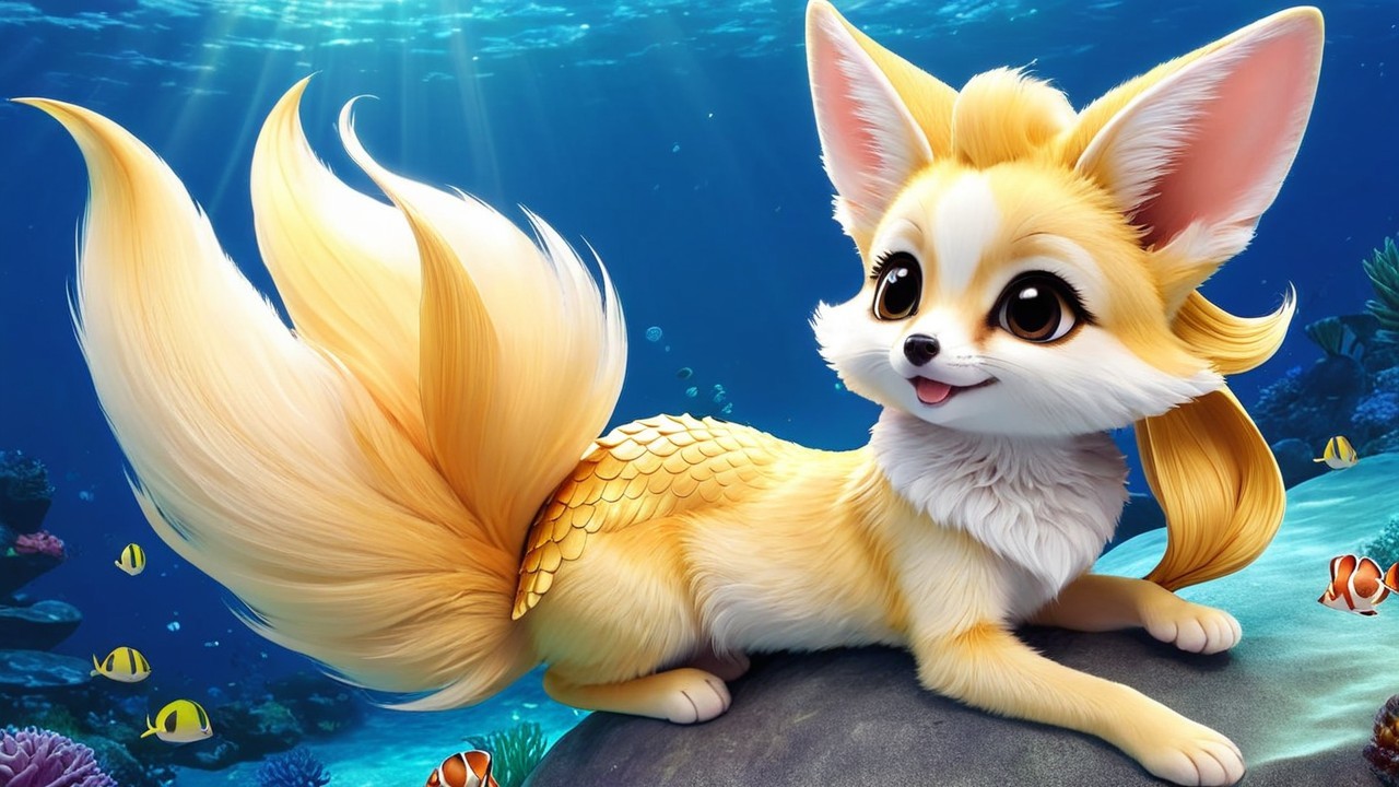 Whimsical Fox-Mermaid Creature in Colorful Coral Scene