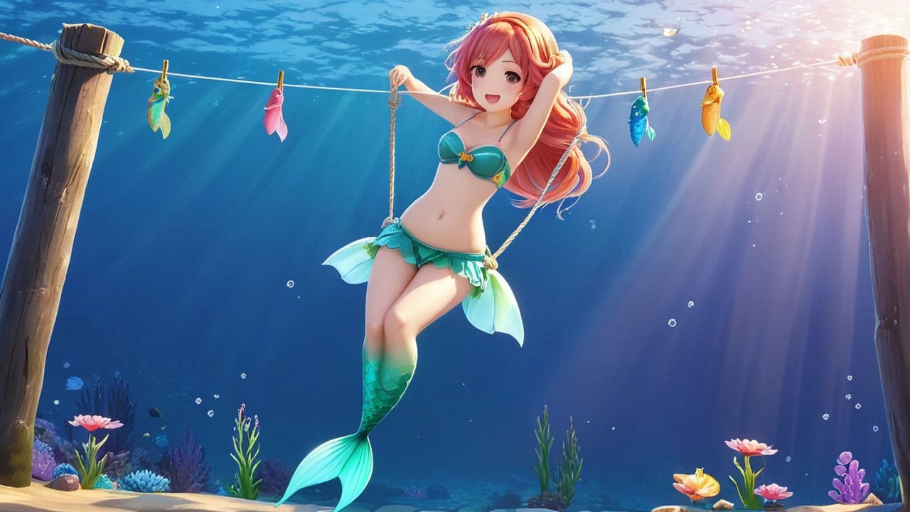 Vibrant Underwater Scene with Cheerful Mermaid
