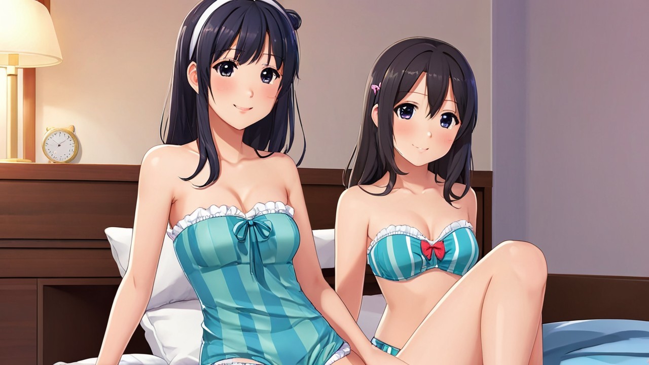 Young women in matching swimsuits on a bed