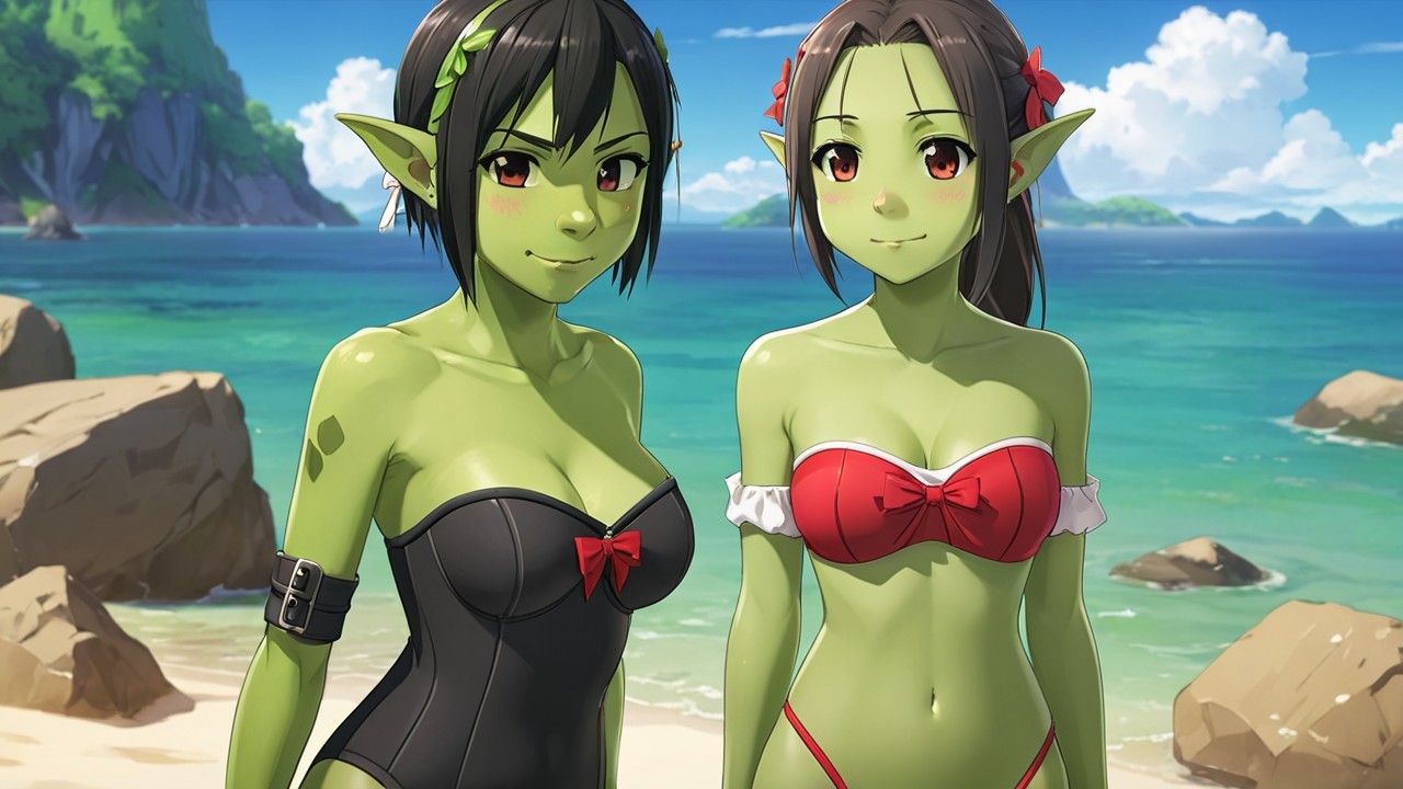 Green-Skinned Characters on a Beach with Ocean View
