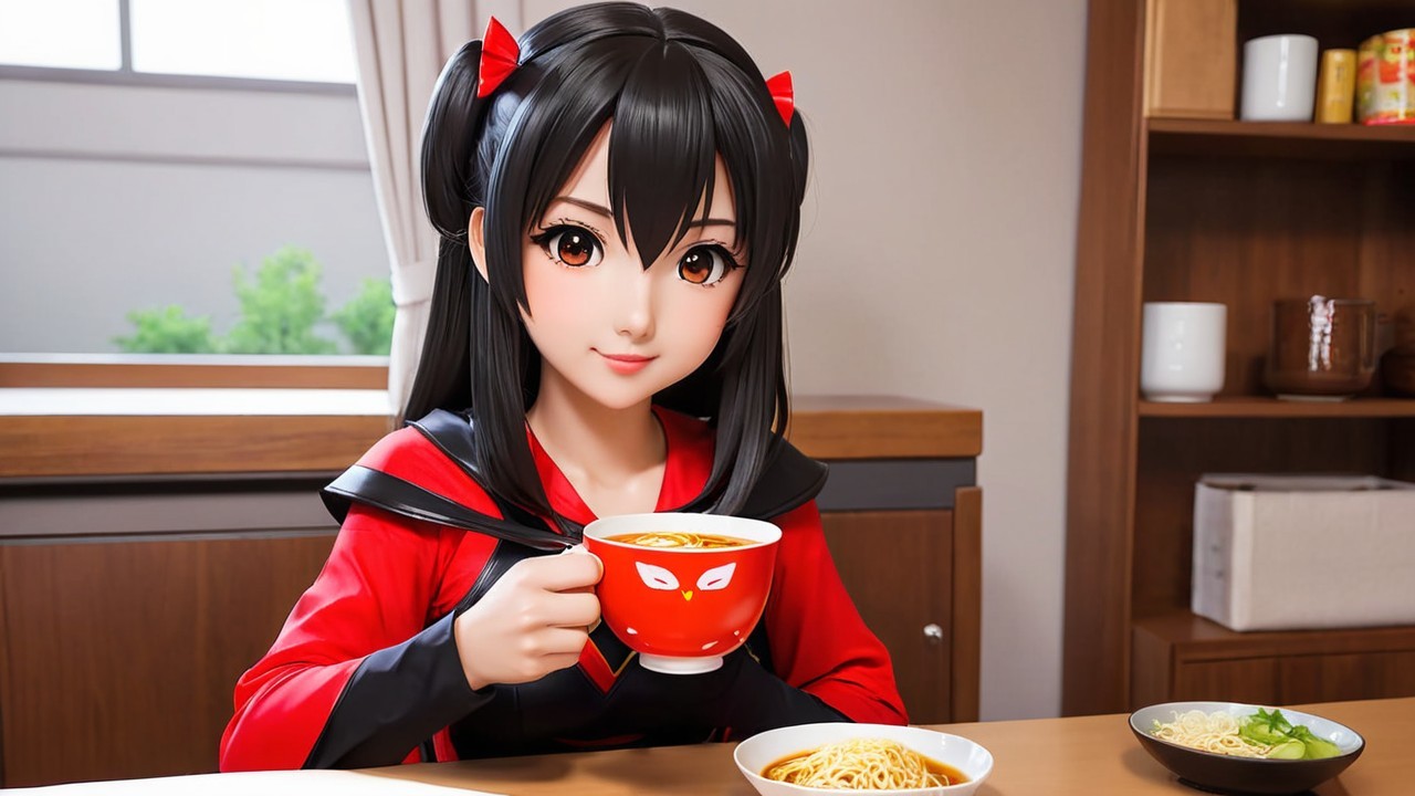 Animated Character Enjoying Ramen in Modern Kitchen