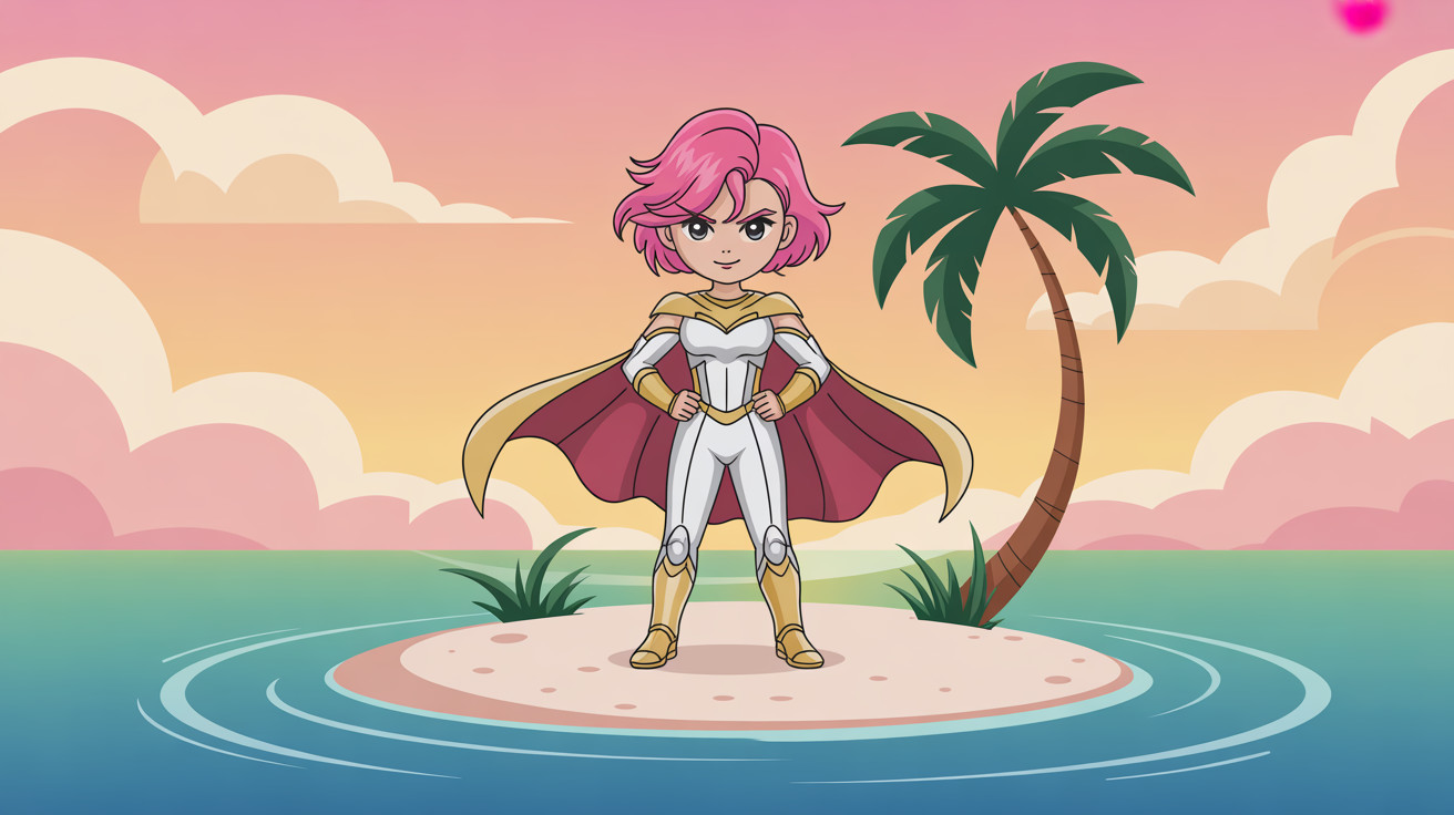Superhero Girl in White Suit on Tropical Island