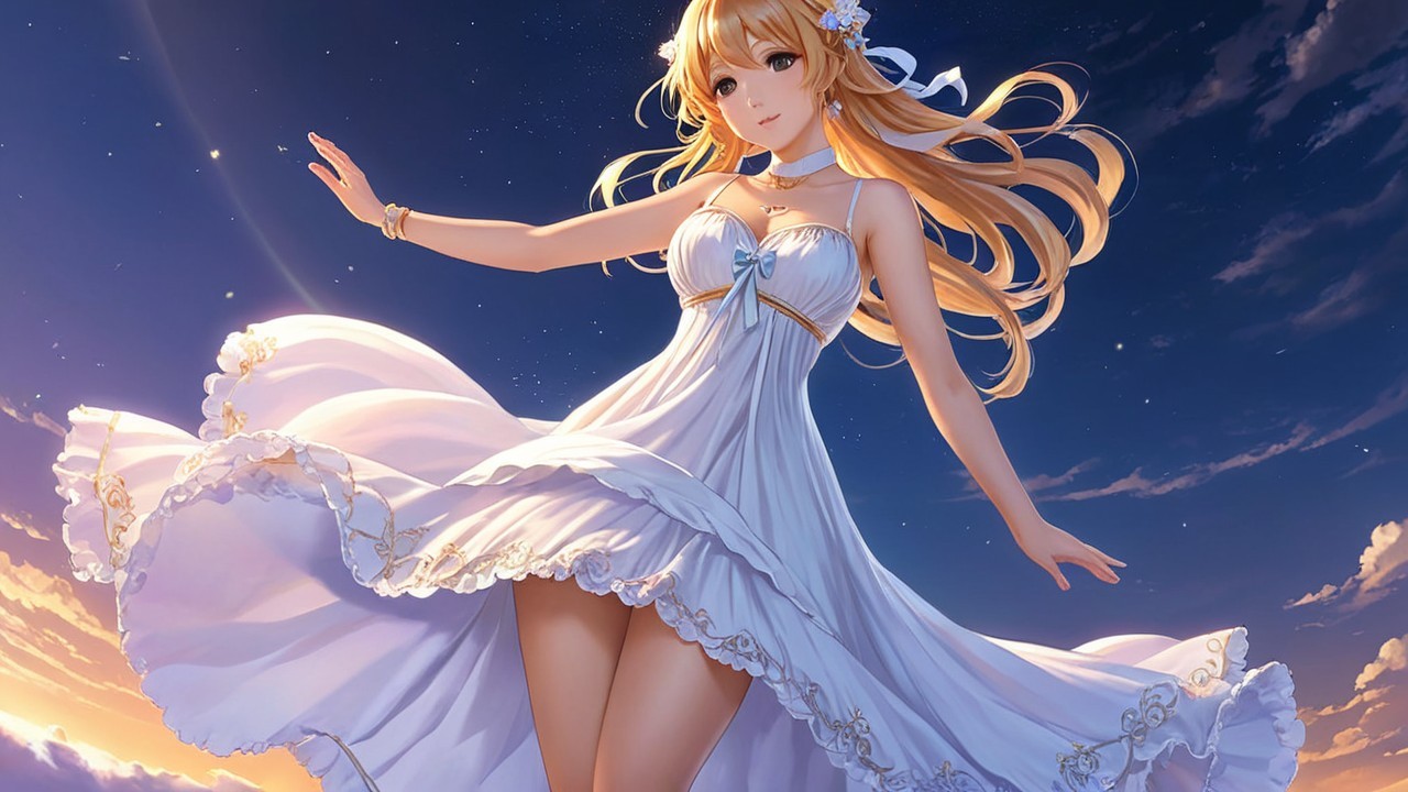 Character in White Dress Against Twilight Sky