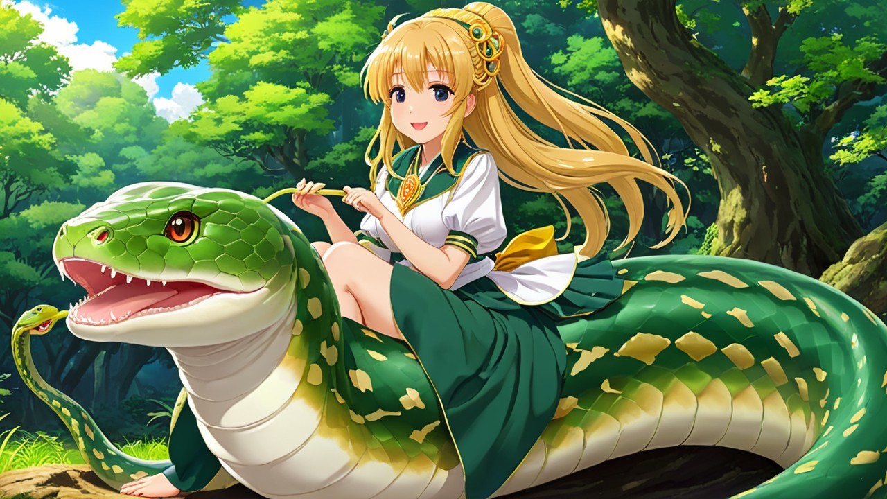 Girl in Green Outfit on Large Green Snake in Forest